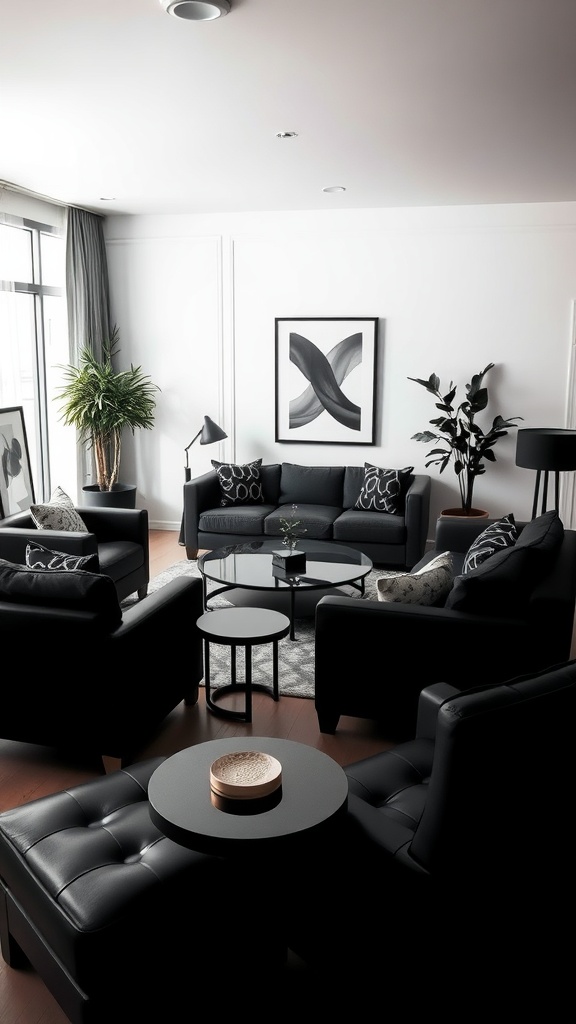 Stylish black living room with elegant furniture arrangements, featuring sofas, chairs, and decorative plants.