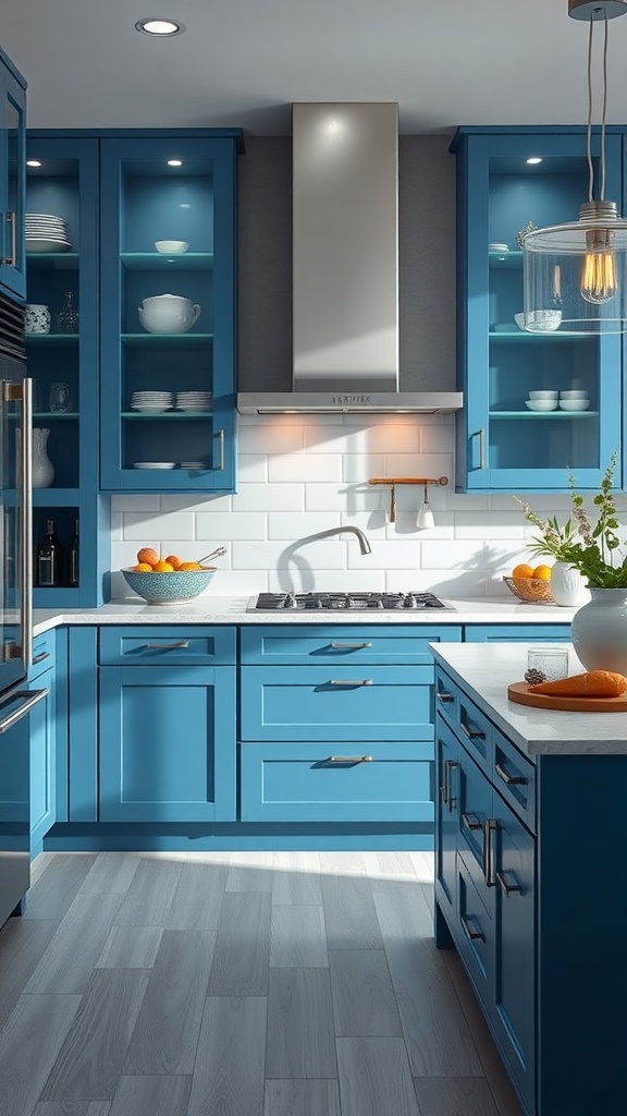 Bright blue kitchen with glass cabinetry and modern fixtures