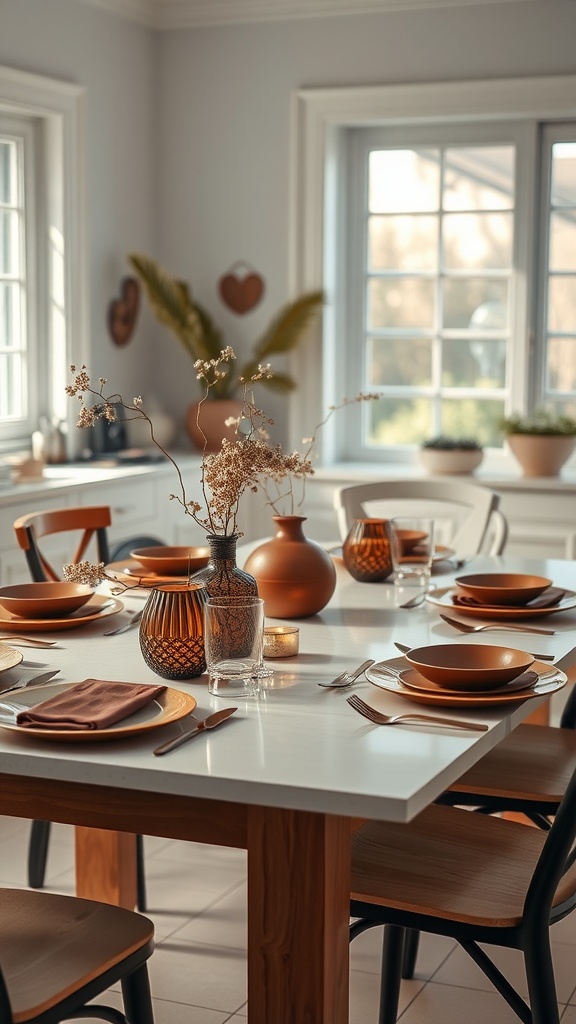 Elegant dining table set with brown tableware and floral arrangements.