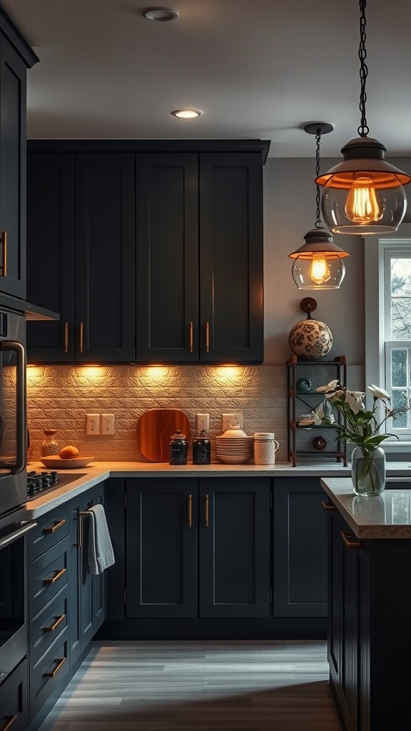 A cozy kitchen with dark gray cabinets and warm pendant lighting