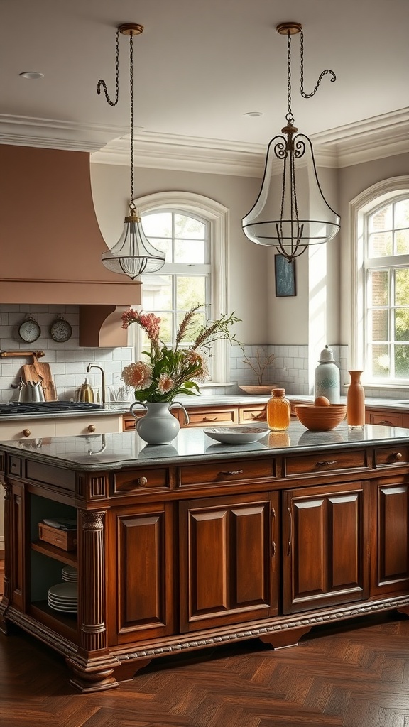 A kitchen featuring a mahogany island with a granite countertop, surrounded by soft colored walls and pendant lights.