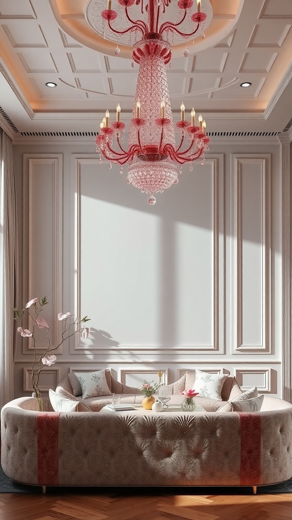 Elegant pink chandelier in a stylish living room