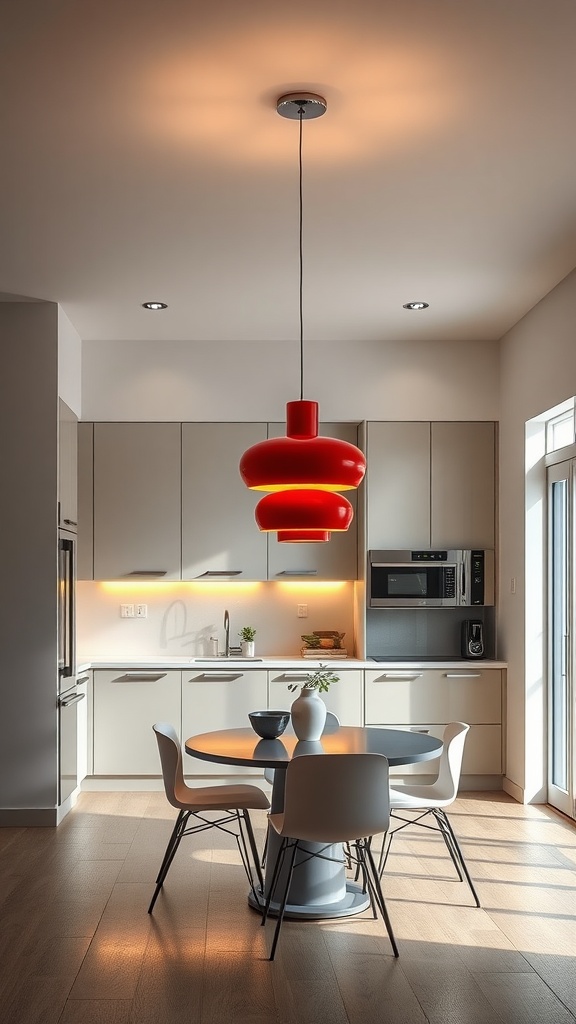 A modern kitchen featuring a red pendant light above a round dining table, showcasing a stylish design.