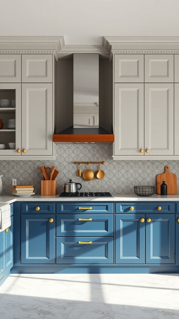 A modern kitchen featuring light gray upper cabinets and blue lower cabinets with gold hardware.