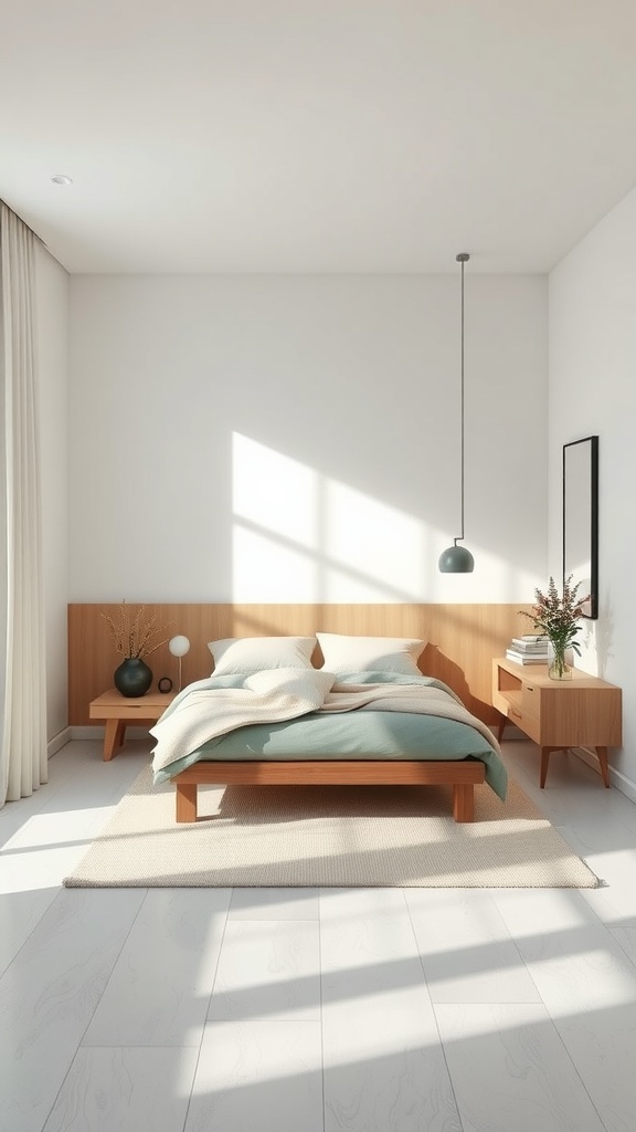 A serene bedroom with a wooden bed frame, soft bedding, natural light, and minimalist décor.