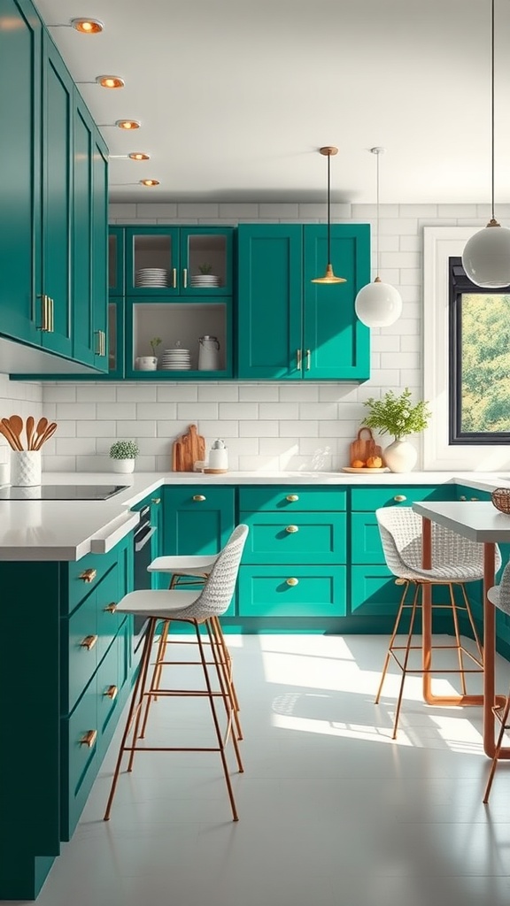 A modern kitchen featuring emerald green cabinets with white countertops and gold accents.