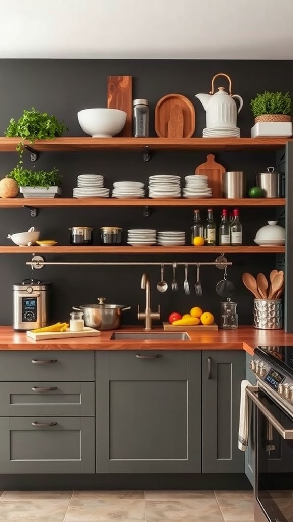 A modern kitchen with open shelves, a sink, and bright lighting.