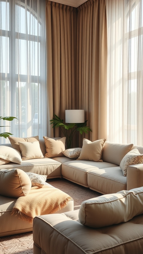 A cozy living room with soft furnishings, including a large beige sectional sofa, decorative pillows, and floor-to-ceiling curtains, creating a warm atmosphere.