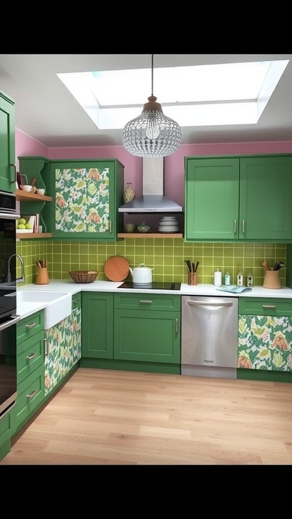 A kitchen showcasing green cabinets with glass panels, wooden cutting boards, and a cozy atmosphere.