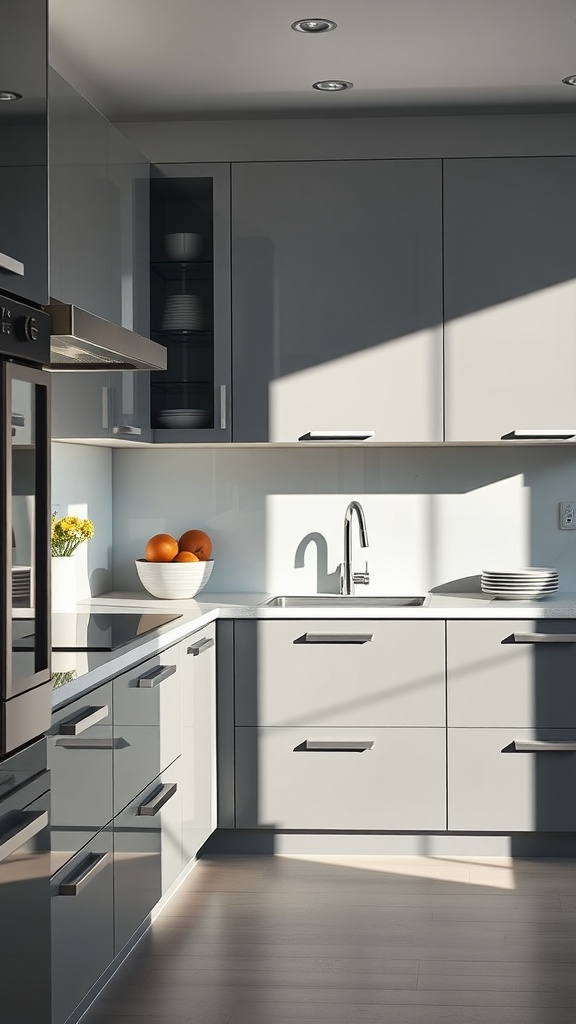 A modern kitchen featuring high-gloss gray cabinets with a sunlight reflection.