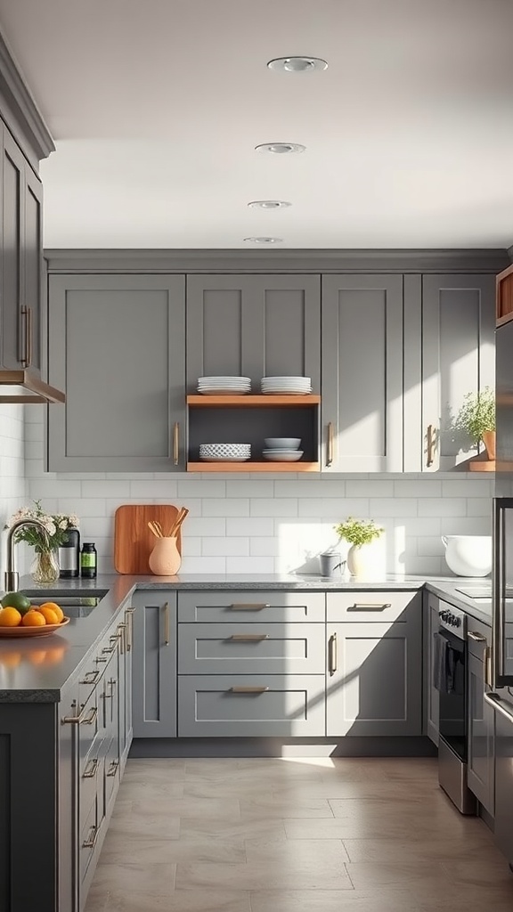 A modern kitchen featuring gray cabinets with wooden accents and plenty of natural light.