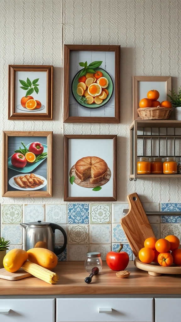 Wall art featuring family recipes in a rustic kitchen setting.