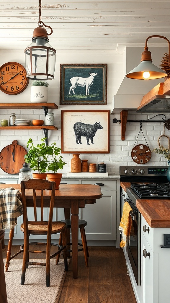 A rustic farmhouse kitchen with wooden beams, farm animal artwork, and warm tones.