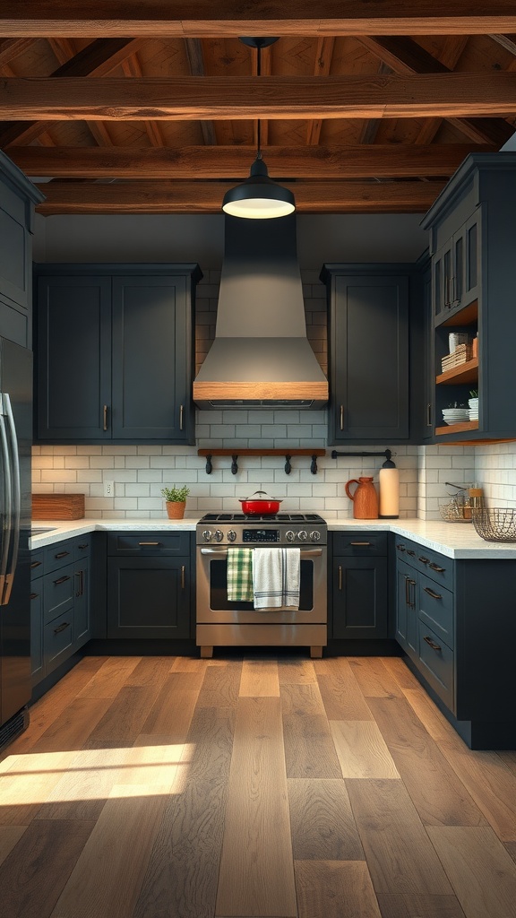 A cozy kitchen with dark gray cabinets, wooden beams, and stainless steel appliances.