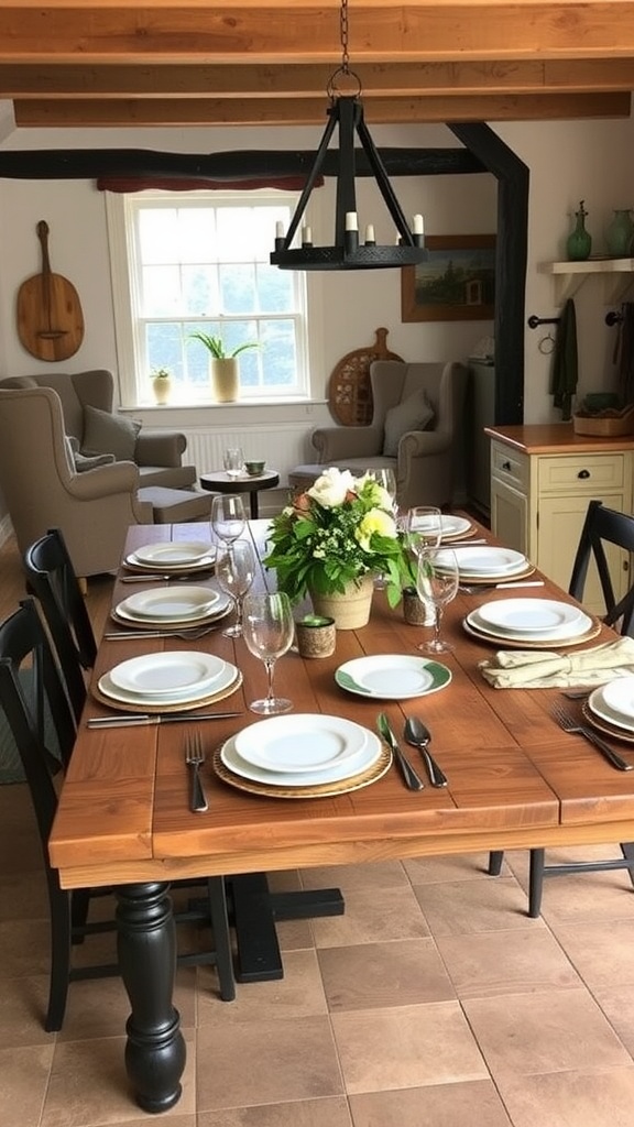 A rustic farmhouse dining table set for a meal, featuring a wooden table with checkered chairs, elegant dishware, and a warm kitchen background.