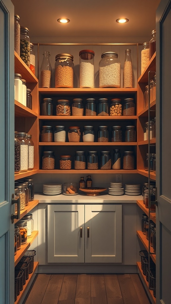 A rustic farmhouse pantry featuring wooden shelves filled with jars of various foods and ingredients.