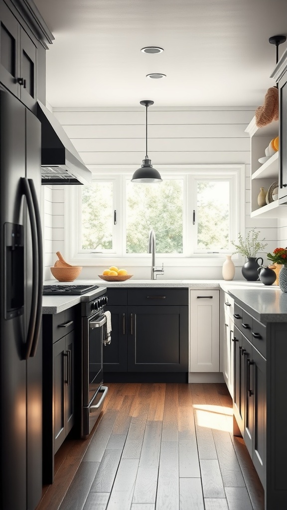 A modern farmhouse style kitchen featuring black and white cabinetry with warm wooden floors.