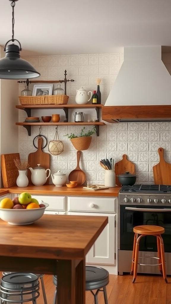 A cozy farmhouse-style kitchen featuring warm brown decor, wooden cabinets, open shelving with dishware, and a rustic table.