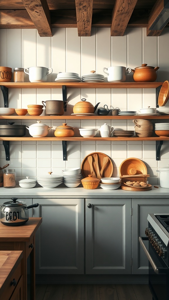 Rustic farmhouse kitchen with open shelves displaying a variety of cookware and tableware.