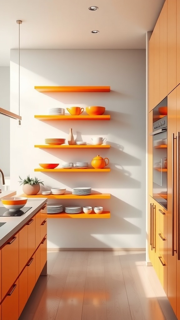 A kitchen with floating orange shelves displaying dishes and a plant.