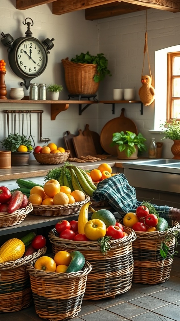 Rustic kitchen with baskets of fruits and vegetables