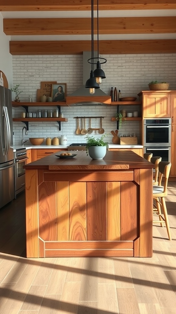 A rustic farmhouse kitchen featuring a wooden kitchen island, warm tones, and simple decor.