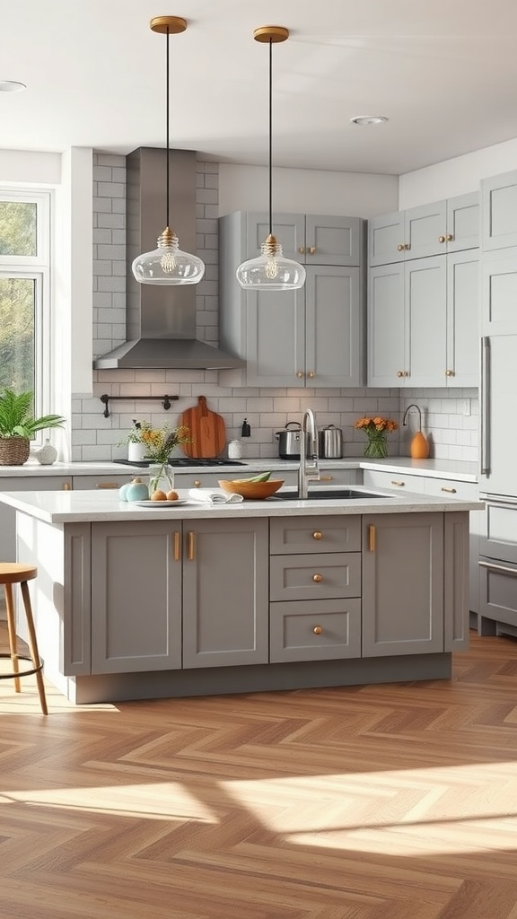 A modern kitchen featuring light gray cabinets, a functional kitchen island with golden hardware, and pendant lighting.