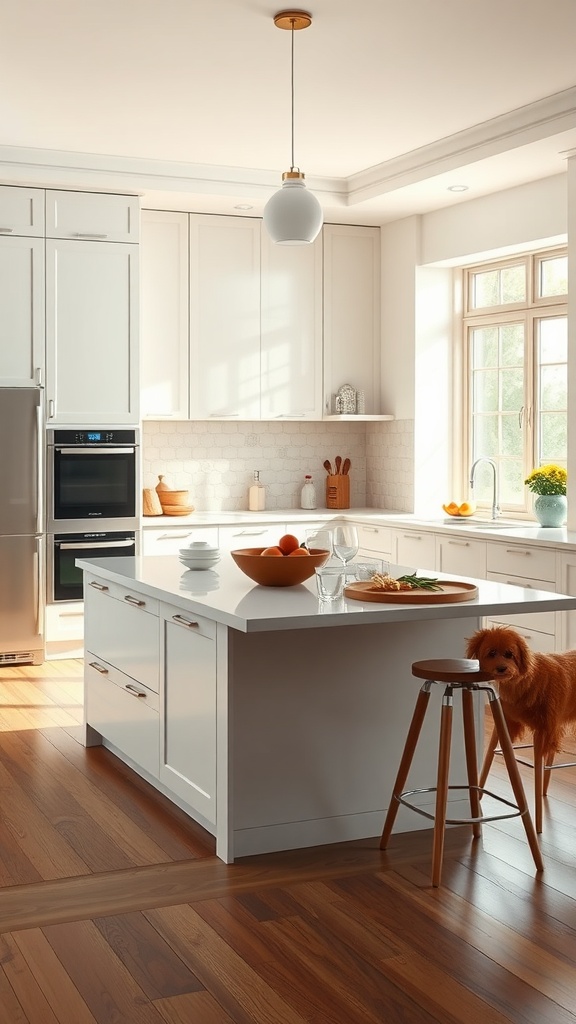 A functional neutral kitchen island with stools and natural lighting