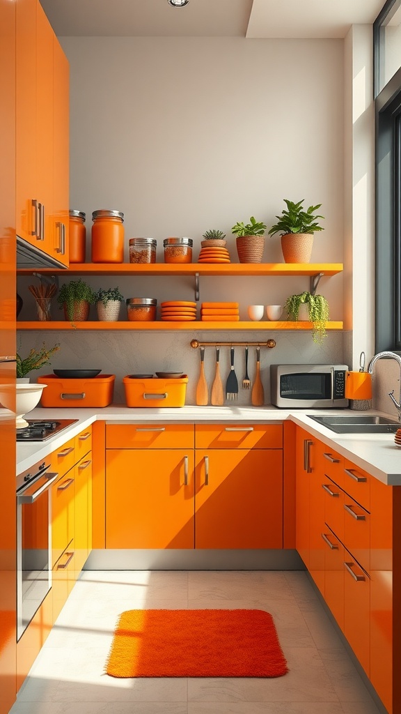 Bright orange kitchen with stylish storage solutions and plants.