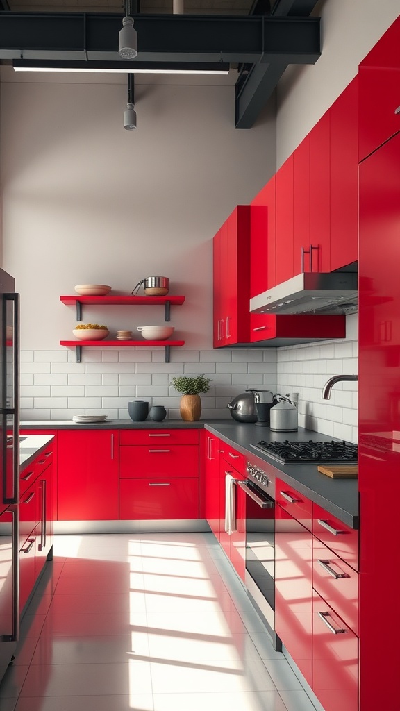 A modern red kitchen with glossy cabinets and open shelves