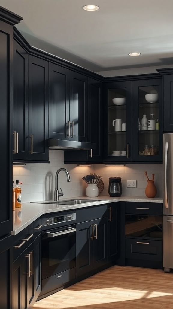 A modern kitchen featuring black cabinets, a light countertop, and organized storage solutions.