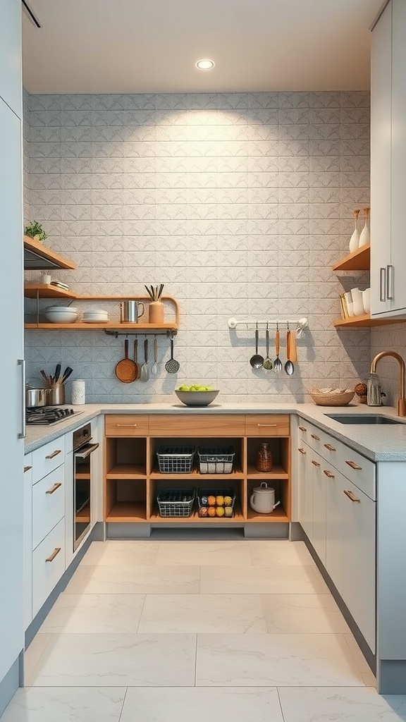 A modern kitchen with open shelving and organized storage