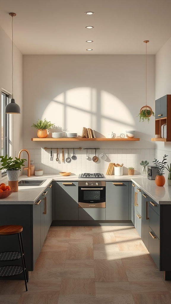 A modern kitchen with blue cabinets, open shelving, and natural light.