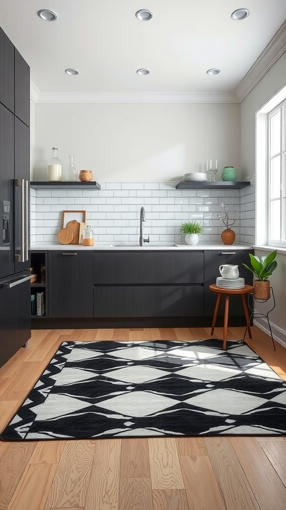 A modern black and white geometric rug in a contemporary kitchen with wooden floors and dark cabinets.