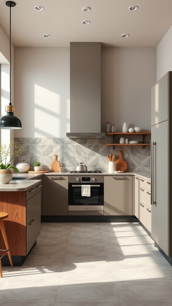 A modern neutral kitchen with geometric patterned tiles in the backsplash.