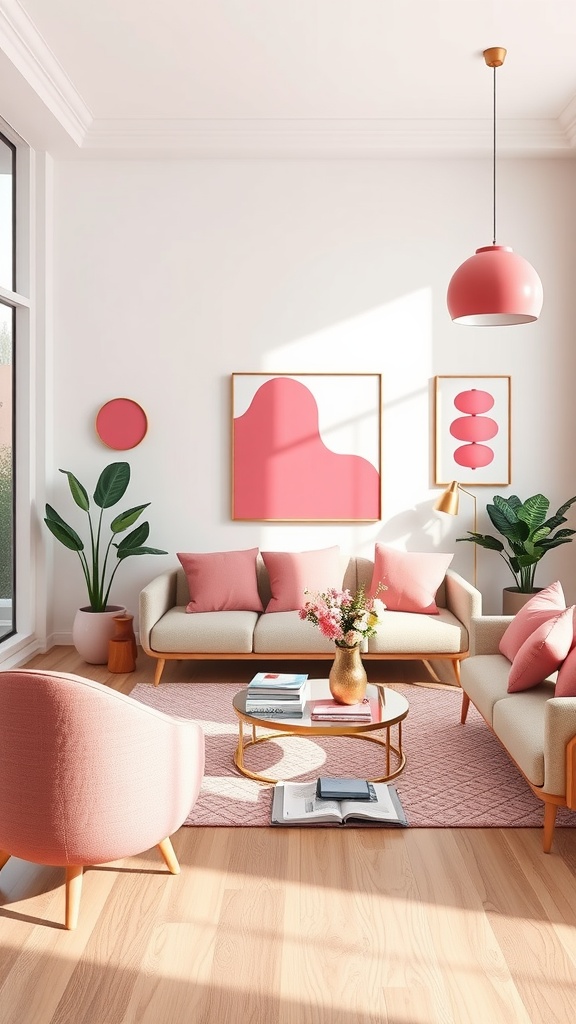 A pink-themed living room with geometric decor elements featuring pink artwork, cushions, and a pendant light.