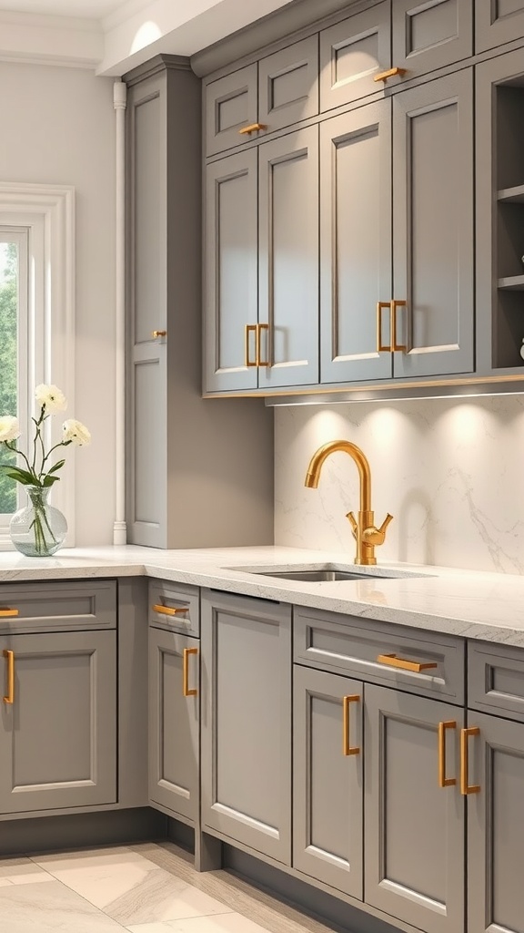 A modern kitchen featuring gray cabinets with gold hardware, showcasing a stylish and elegant design.