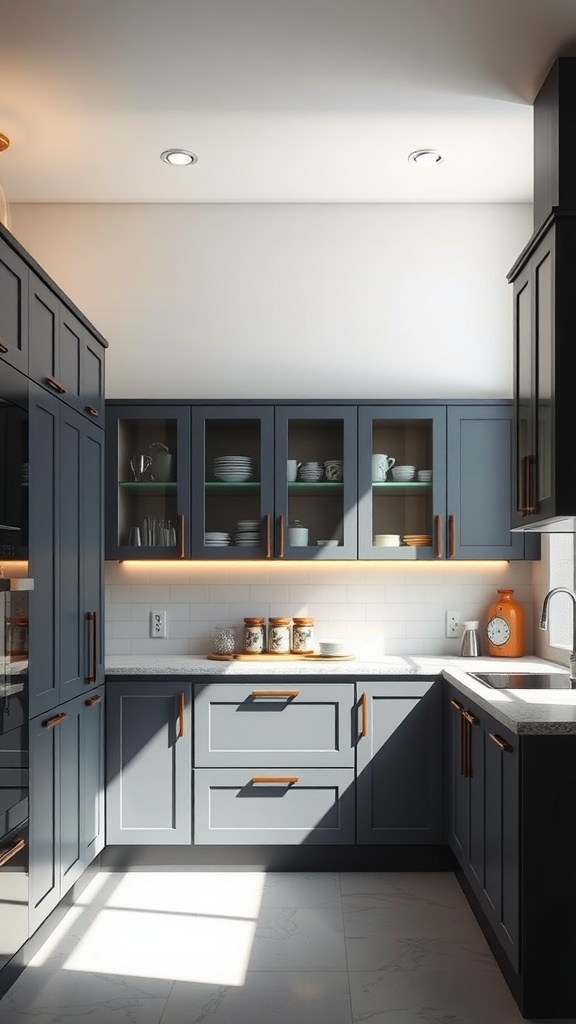 A kitchen featuring dark gray cabinets with glass fronts, showcasing neatly arranged dinnerware and warm lighting.