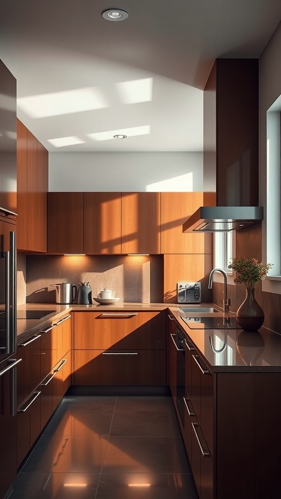 A modern kitchen with glossy brown cabinetry and sleek countertops