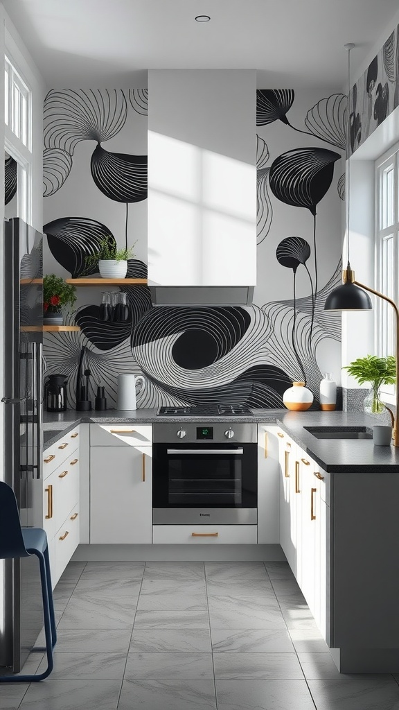 Modern kitchen with black and white graphical wallpaper patterns, sleek cabinetry, and stylish decor.