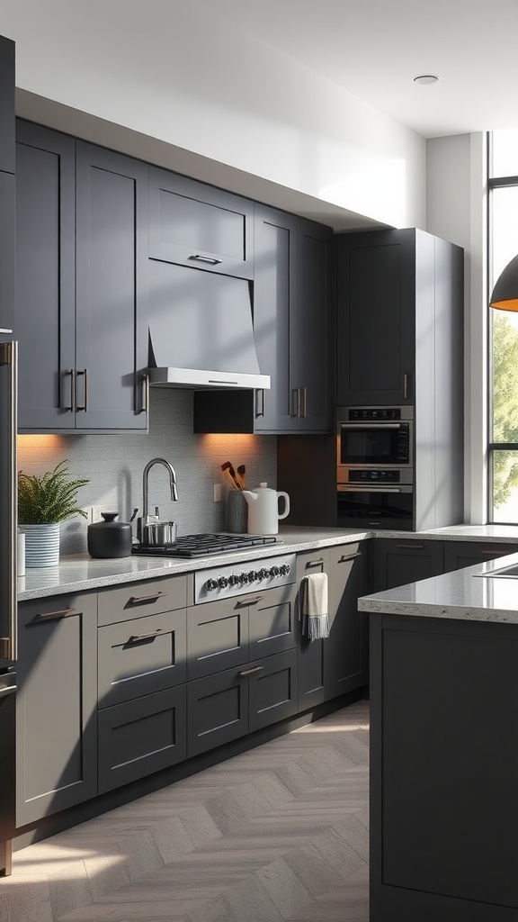 A modern kitchen featuring graphite gray cabinets, a sleek countertop, and warm wood flooring.