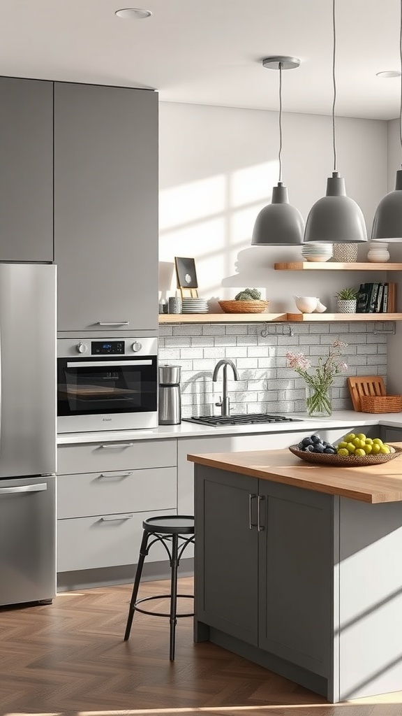 A modern kitchen featuring gray cabinets, a taupe island, wooden countertop, open shelves, and stainless steel appliances.