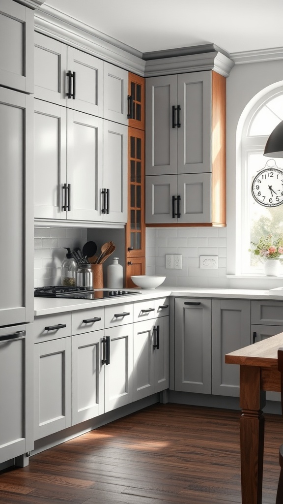 A modern kitchen featuring light gray cabinets with dark finishes and wooden accents.