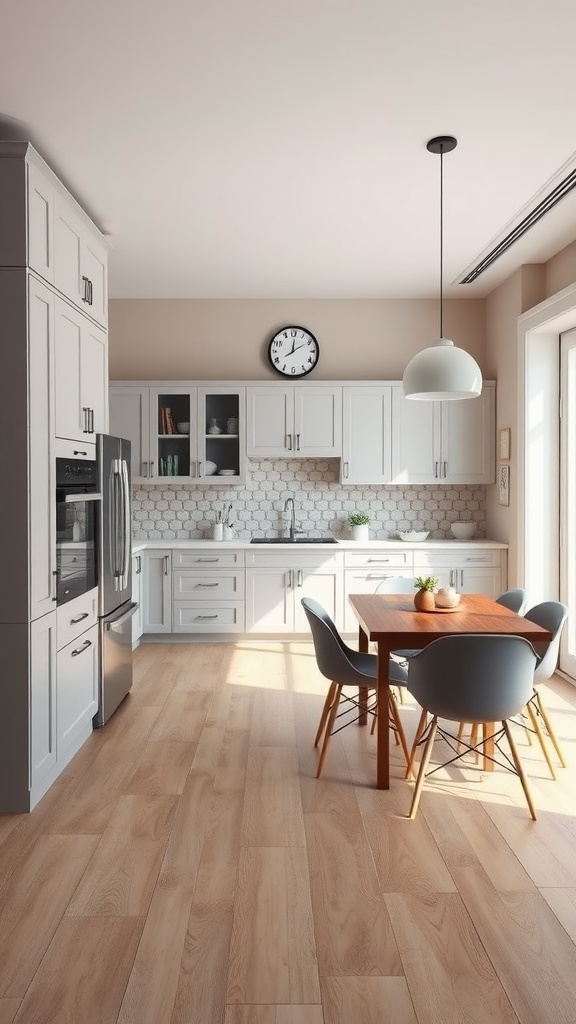 Modern kitchen with light gray cabinets and wooden dining table