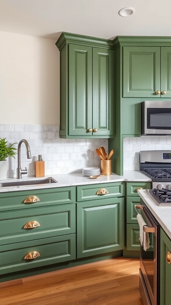 A stylish kitchen featuring green cabinets with unique gold hardware, complemented by a light countertop and a patterned backsplash.