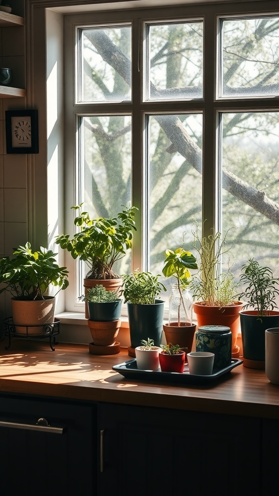 A bright kitchen window with various potted herbs on the sill