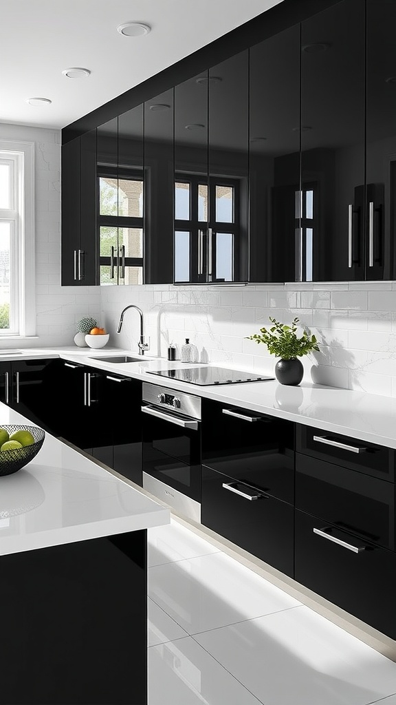 A modern high-contrast black and white kitchen featuring glossy black cabinets, white countertops, and a bright atmosphere.