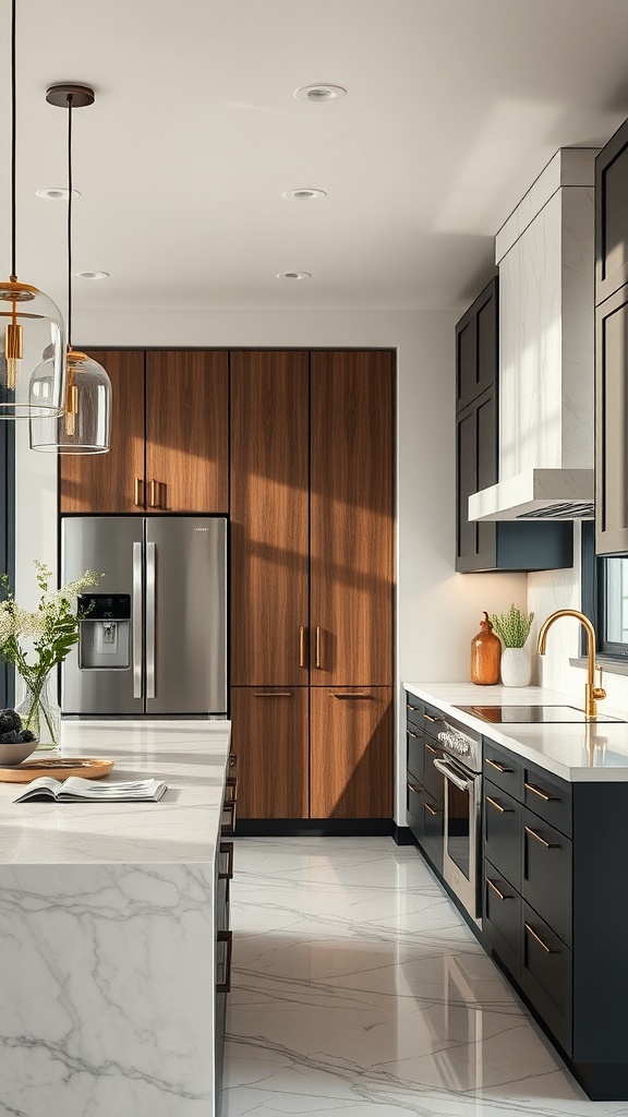 A modern kitchen with marble countertops, dark cabinetry, and wooden accents