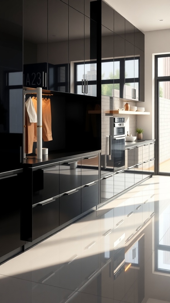 A modern kitchen featuring high gloss black cabinets with light countertops and a spacious design.