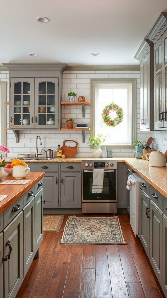 A cozy gray kitchen featuring shabby chic style with wooden accents and decor.